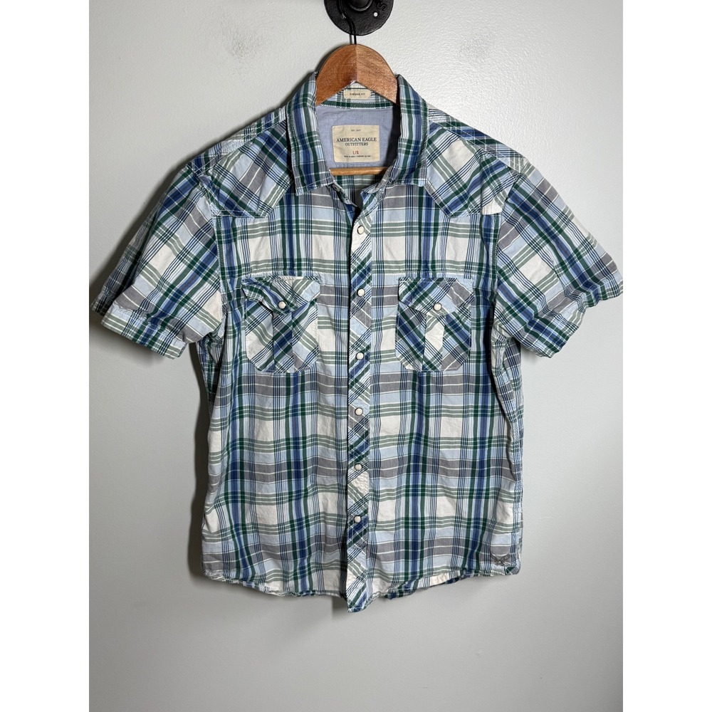 American Eagle Outfitters Mens Blue Green Plaid Pearl Snap Short Sleeve Shirt L
